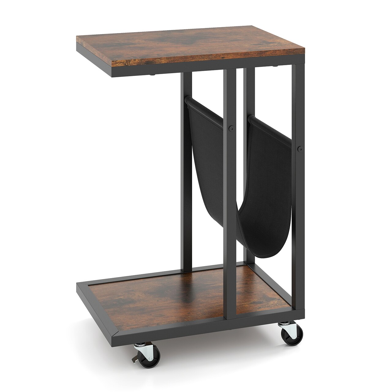 Brown Engineered Wood Metal C-Shaped Side Table with Canvas Pouch and Casters